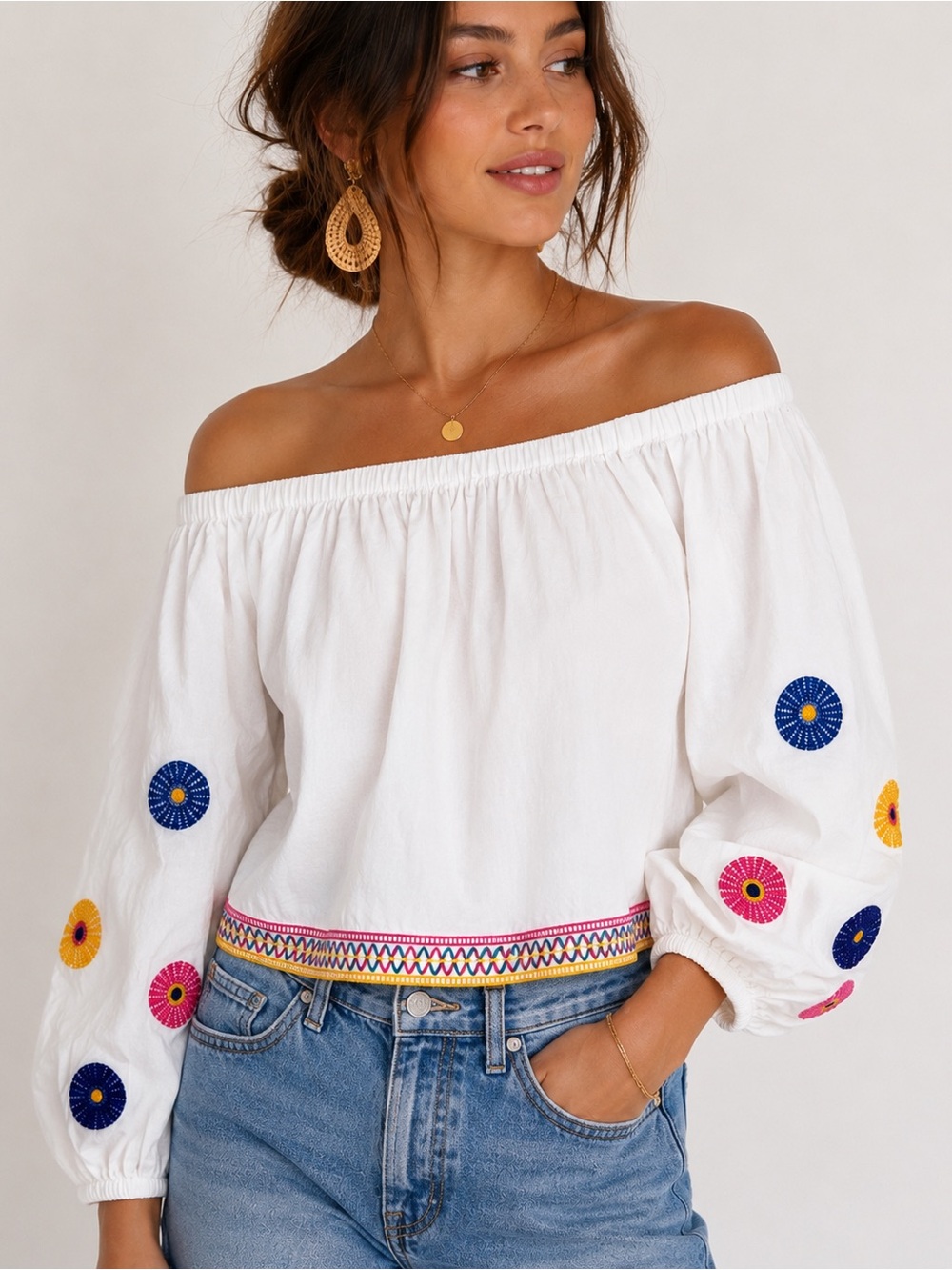 Madewell White Off Shoulder Embroidered Peasant Top Boho Balloon Sleeve Blouse